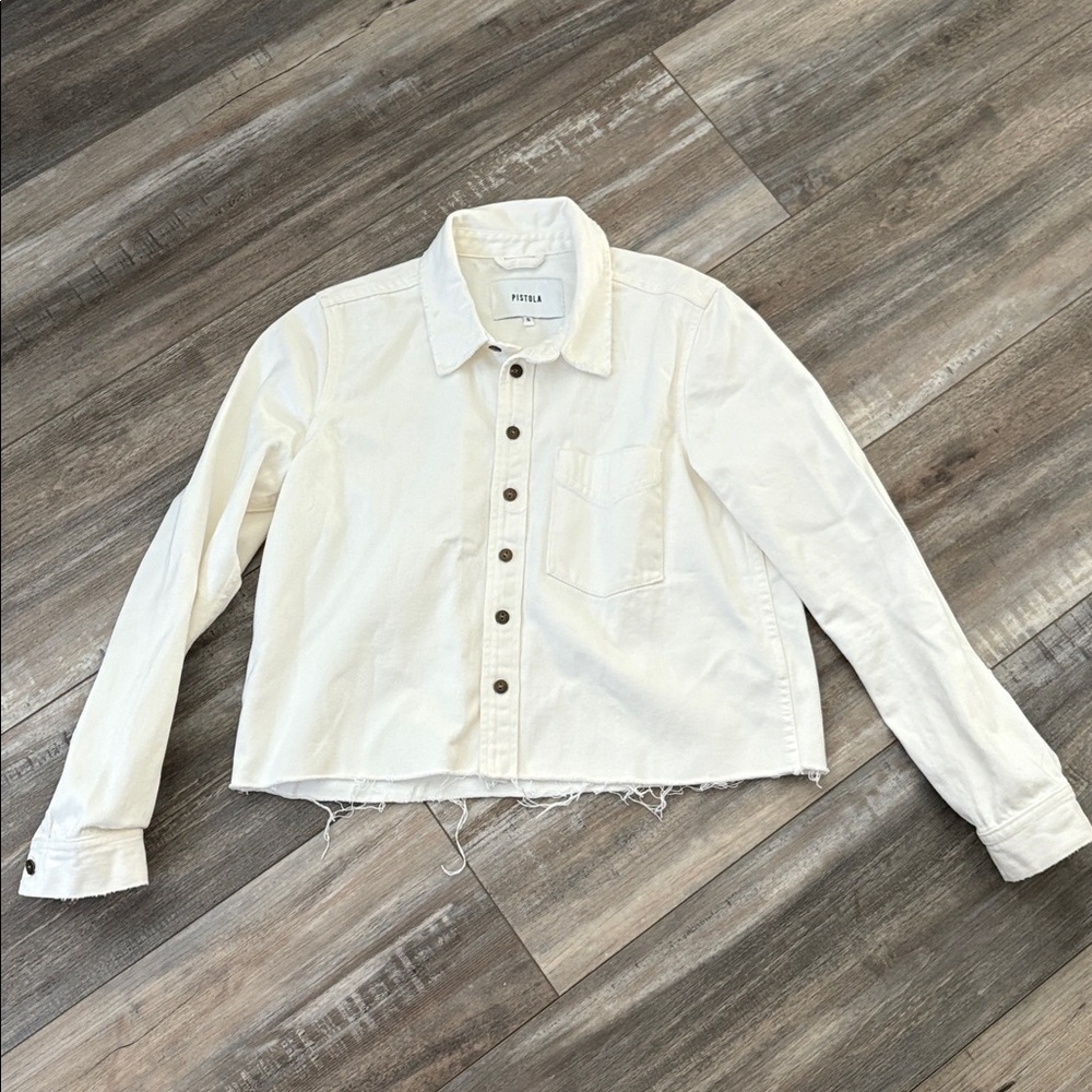 Revolve Pistola Hensley Raw-Edge Cropped Denim Jacket White - Picture 2 of 6